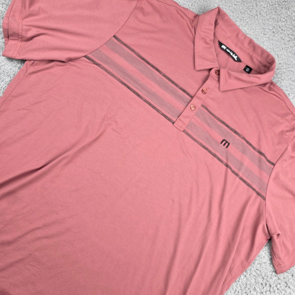 TravisMathew Polo Shirt Mens XXL Rose Striped Chest Performance Pima red/pink